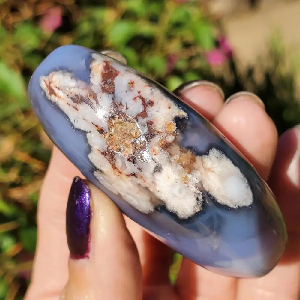 Blue Flower Blossom Agate Translucent Palmstone Crystal 66 grams